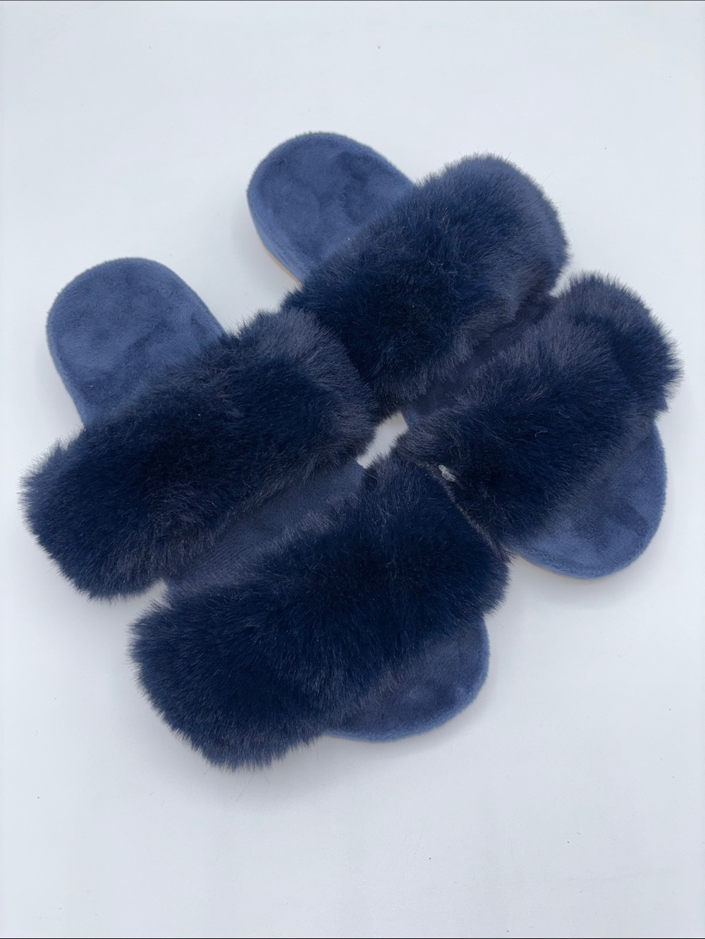 LOFT Plush Faux Fur Slide Sandals in Navy Size Small 5/6
